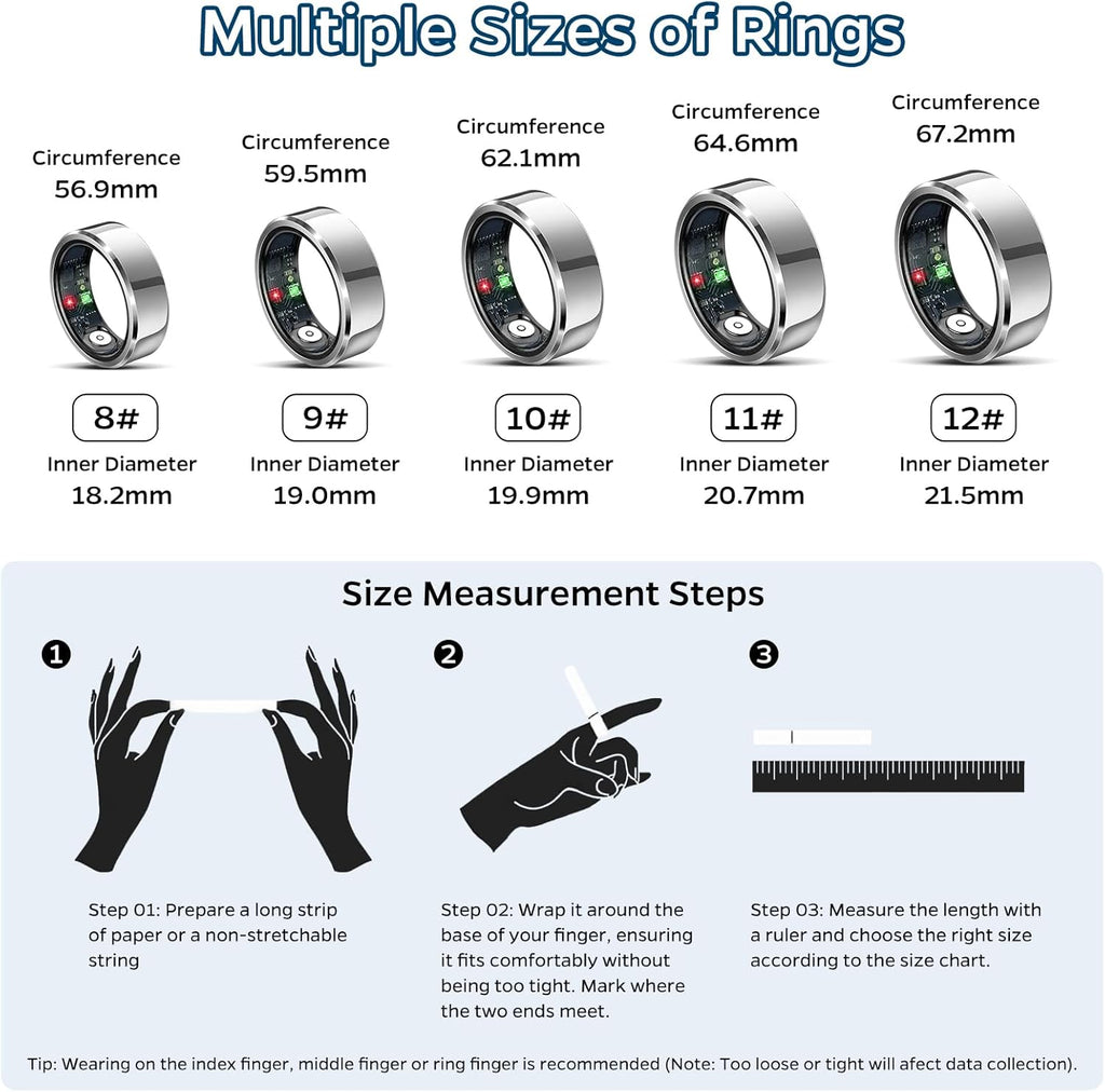 Advanced Sleep Tracking Ring with Heart Rate Monitoring, Waterproof Design for Activity Tracking, Air Gesture Control, Up to 7-Day Battery Life, Compatible with iOS and Android (Silver, Size #12)