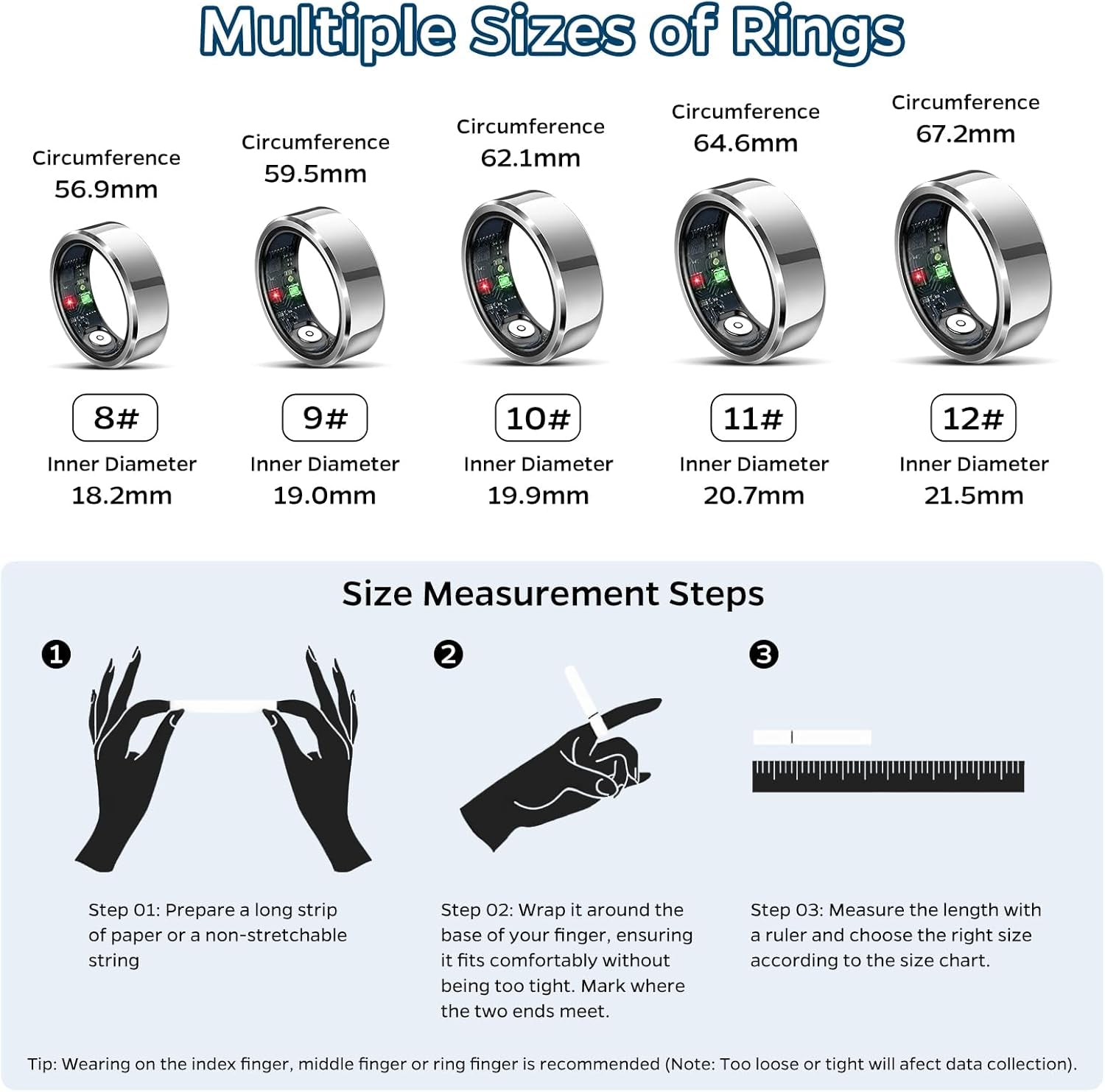 Advanced Sleep Tracking Ring with Heart Rate Monitoring, Waterproof Design for Activity Tracking, Air Gesture Control, Up to 7-Day Battery Life, Compatible with iOS and Android (Silver, Size #12)