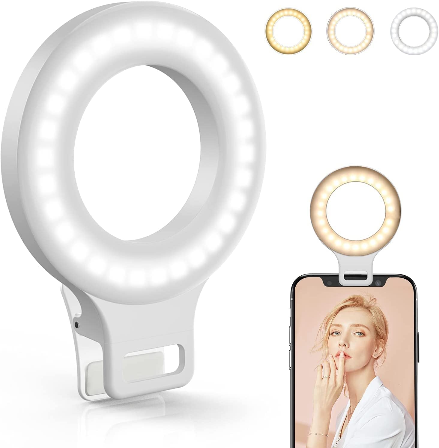 Rechargeable 60 LED Clip-On Selfie Ring Light for Phones, Laptops, and Tablets (3 Models, 5 Brightness Levels)