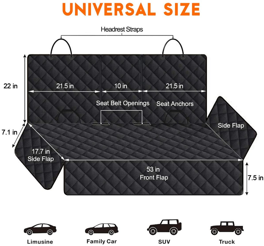 Dog Car Seat Cover - Waterproof Back Seat Protector for Pets with Non-Slip Design Compatible with Most Cars, Trucks, and SUVs - Black