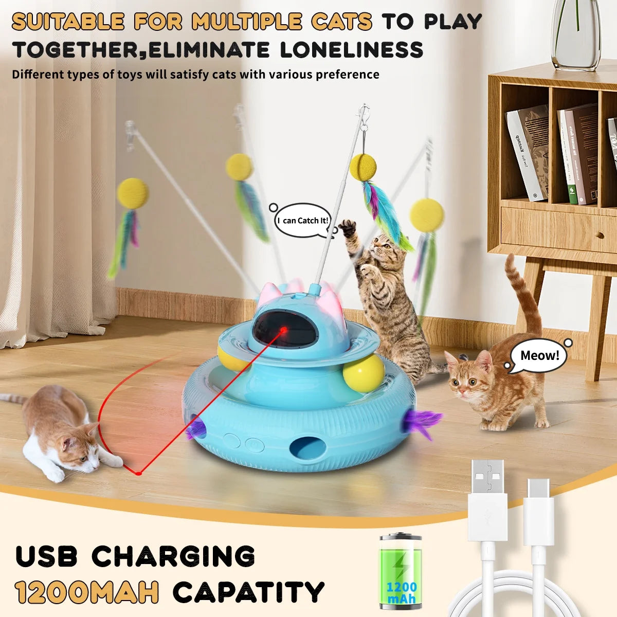 4-in-1 Smart Interactive Cat Toy: USB Rechargeable Feather Wand with Laser Pointer & Engaging Play Features for Indoor Cats