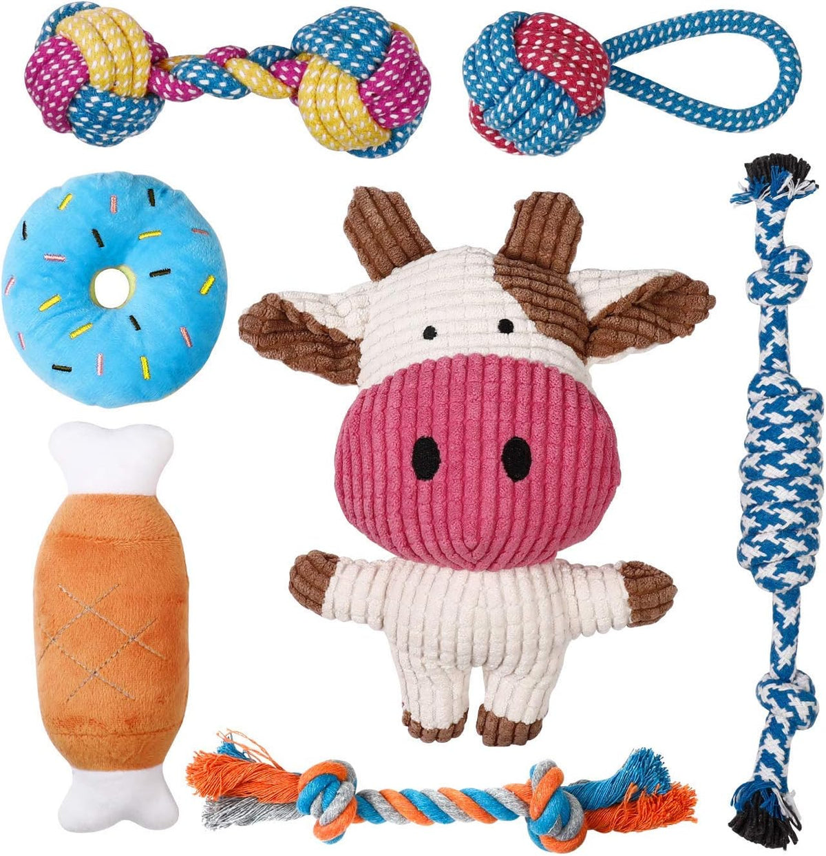 7-Piece Small Dog Toy Collection: Durable Chew Toys, Puppy Teething Ropes, and Squeaky Calf Toys - Non-Toxic and Safe