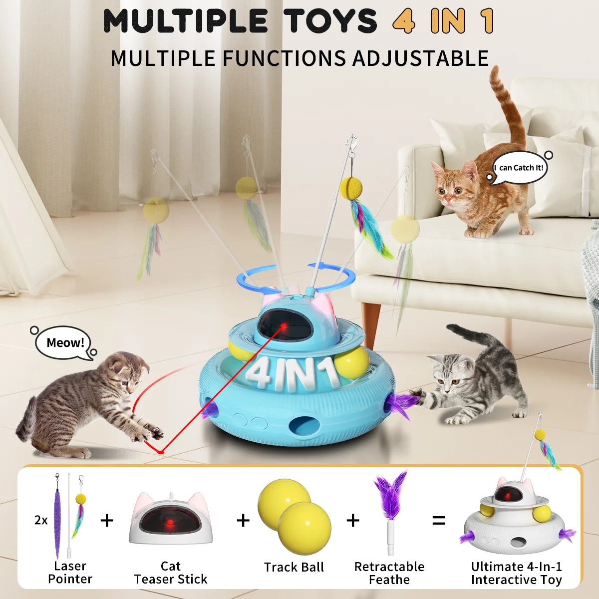 4-in-1 Smart Interactive Cat Toy: USB Rechargeable Feather Wand with Laser Pointer & Engaging Play Features for Indoor Cats