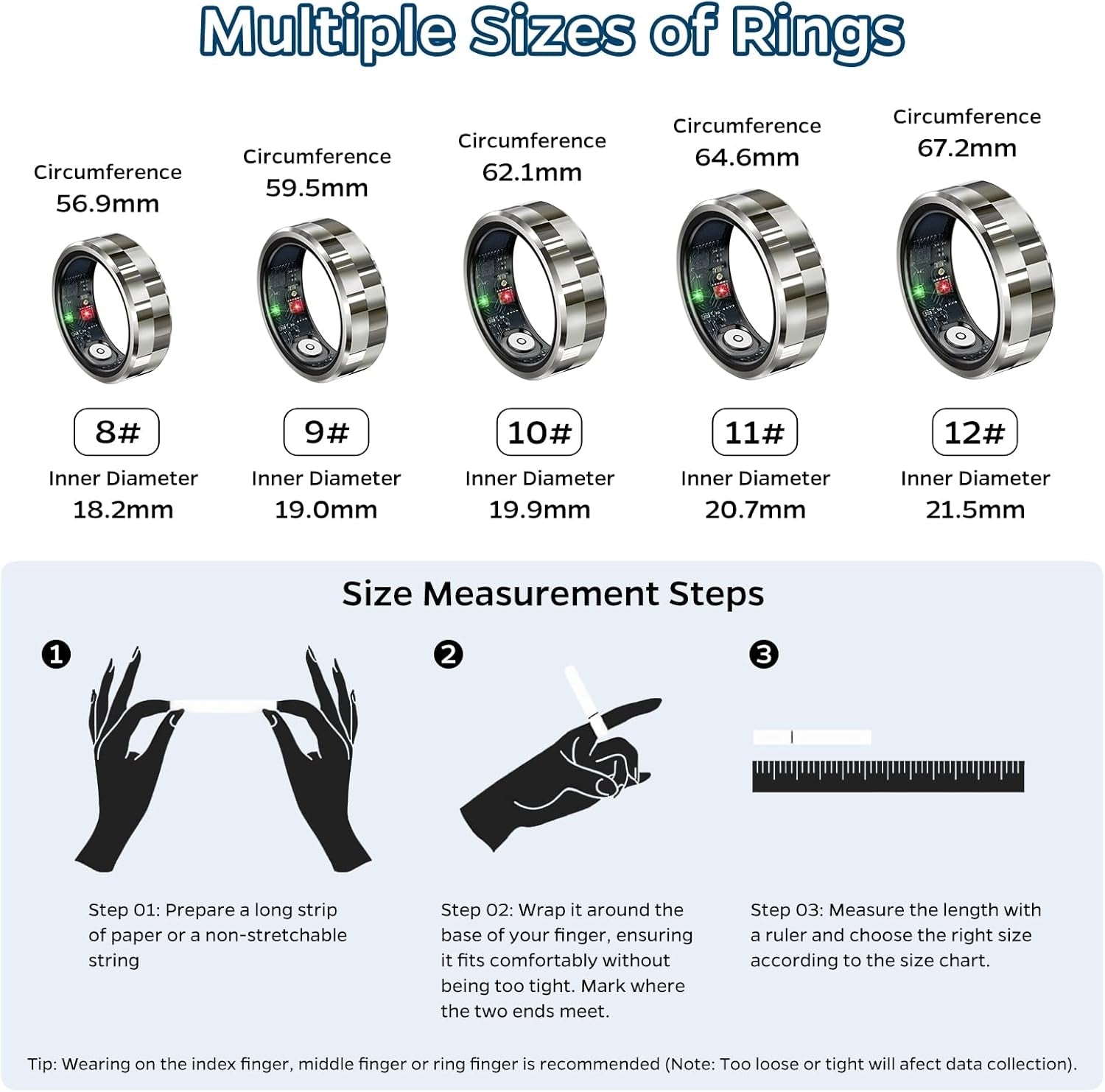 Smart Ring Health and Sleep Tracker - Waterproof Fitness Ring with Heart Rate Monitoring, Activity Tracking, Air Gesture Control, and 7-Day Battery Life for iOS and Android (Stylish Silver #8)